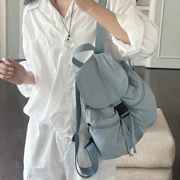 Xajzpa Korean Style Lady Popular Solid Colour Nylon Women Fashion Backpack Flap Drawstring Backpack Gentle Versatile Students Schoolbag